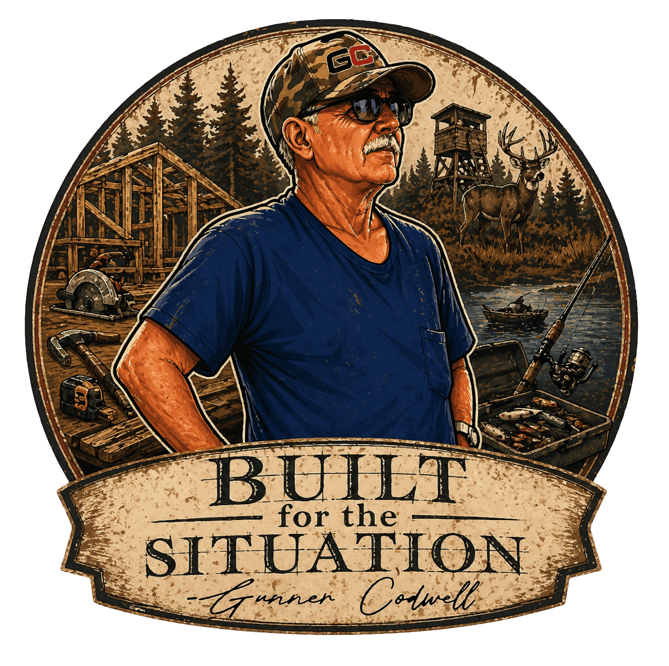 Gunner Codwell, the carpenter, hunter, and fisherman who inspired Cod-Wear, on the Built for the Situation emblem